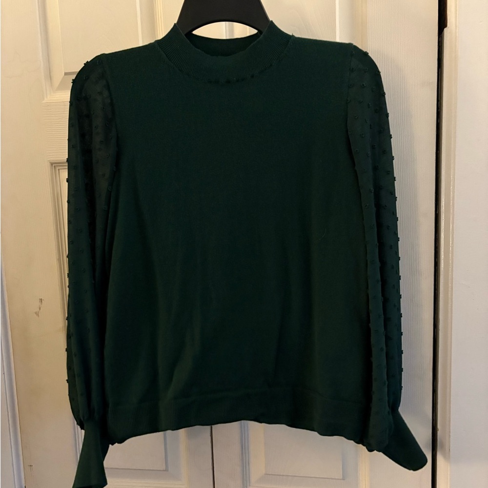 CeCe Dark Green Textured Sleeve Blouse